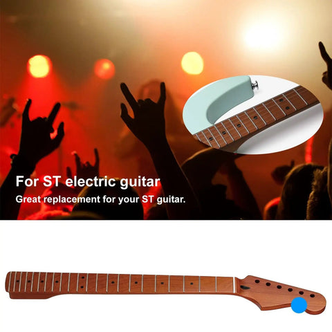 22-Fret Strat-Style Electric Guitar Neck With Canadian Roasted Maple Matte Finish 14-Inch Radius Fingerboard Bone Nut Polished Edges Ready For Replacement Or Upgrading Your Rig. Strat-style maple neck with 22 frets and 14-inch radius, shown in side view