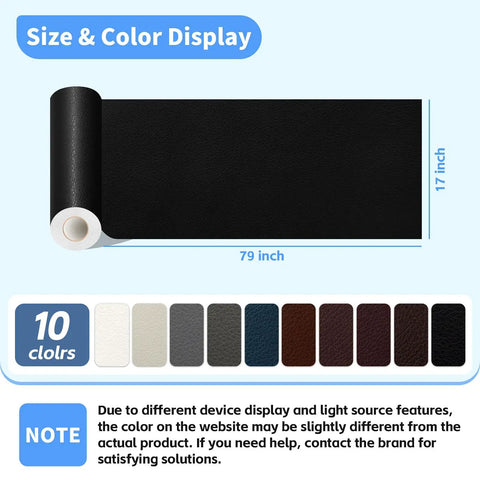 Premium Self Adhesive Leather Repair Patch For Couch And Sofa Easy Peel Vinyl Furniture Wrap showing 79x17 inch black patch with color options.
