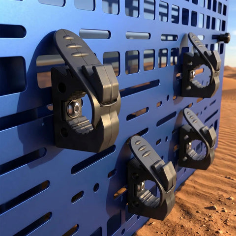 Blue panel with 8 Piece Quick Release Shovel Holder Kit clamps mounted for trucks and SUVs fits roof rack crossbars.