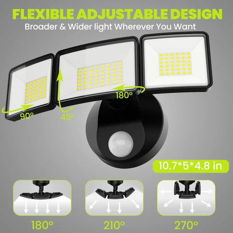 7500 Lumen Motion Sensor Outdoor Flood Light With 3 Adjustable Heads, 38W Hardwired LED Security Light, IP66 Waterproof