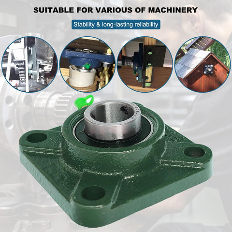 Front view of green UCF205-16 pillow block bearing with 1-inch bore and square four-bolt flange.