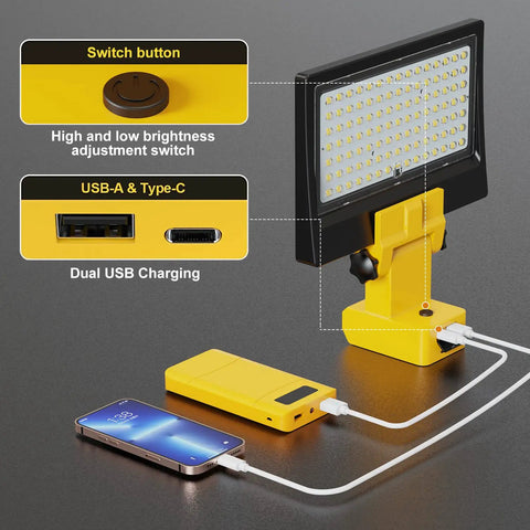 Cordless LED Work Light With 48W Output And 5760 Lumens, showing brightness switch and USB charging, compatible with DeWalt battery.