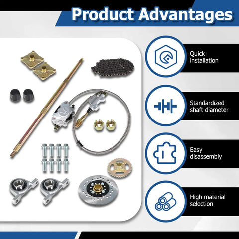 32 Inch Go Kart Axle Kit With Shaft And Hub Chain Brake Master Cylinder And Sprocket Replacement For Go Kart ATV Beefed Up Chrome Axle displayed with accessories and advantages