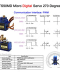Diagram of TS90MD Micro Digital Servo 270 Degree with control specifications; visible gears in full metal casing.