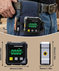 Dead On Digital Angle Finder Inclinometer in pocket, 60mm x 60mm, for woodworking and metalworking tasks.