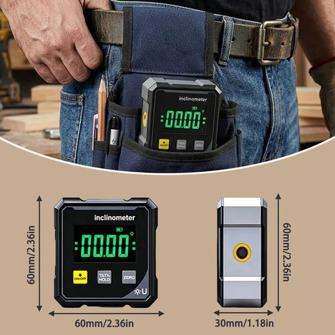 Dead On Digital Angle Finder Inclinometer in pocket, 60mm x 60mm, for woodworking and metalworking tasks.