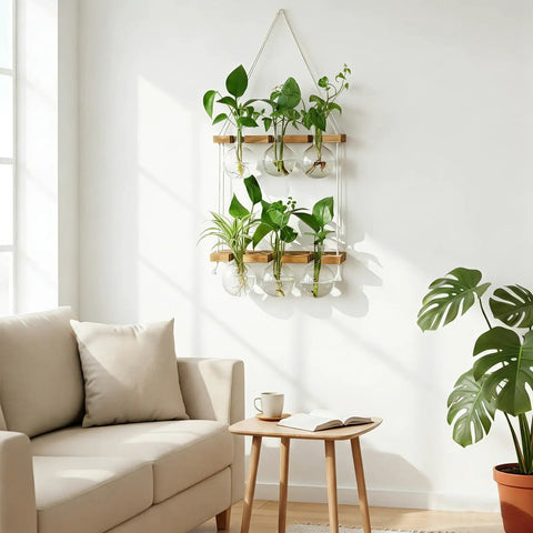 Wall Hanging Plant Propagation Station With 6 Glass Bulb Vases Two Tier Wooden Terrarium Stand For Hydroponics in living room decor