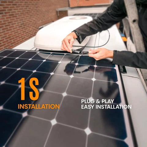 Person using 6 In 1 Solar Panel Connector Kit With DC5521 7909 8020 Anderson EC5 XT60 Adapters, portable installation on RV roof.