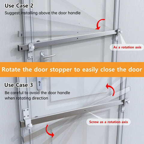 Adjustable Badass Stainless Steel Door Security Bar installed on door, showing rotation use cases for easy closing and handle clearance.