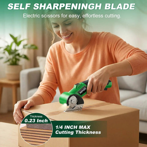Woman using Cordless 4V Electric Box Cutter With Led Light And Safety Lock to slice a cardboard box.