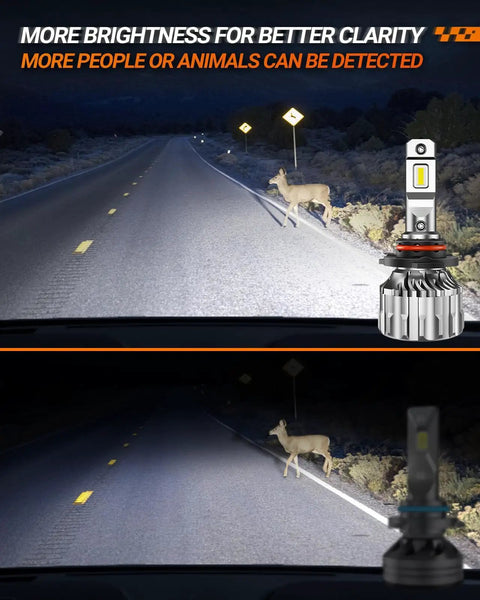 9005 HB3 Off Road Fog Light Bulbs 46000LM Ultra Bright 6500K illuminating deer at night on road for safer driving