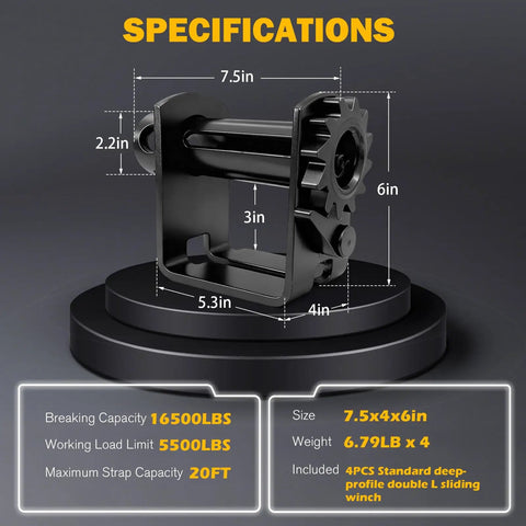 Standard Profile Sliding Trailer Winch 5500LBS Working Load Limit 16500LBS Breaking Capacity For Double L Tracks Holds Up To 20 Feet Of Webbing Beefy Heavy Duty Tie Down Winch For Flatbed Trailers, black steel, 7.5x4x6in