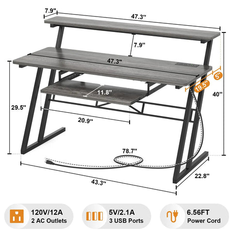 Music Studio Desk Production Workstation With Built In Power Outlet And USB Hub For Recording And Home Studio Use Studio Table For Beat Makers And Producers Grey Oak Finish Includes 3 USB Ports And 2 Outlets with dimensions