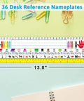Self Adhesive Dope Desk Nameplates For Primary Classrooms Pack Of 36 With Manuscript Alphabet Upper And Lower Case Letters 26 Alphabet Pictures 16 Shapes Stroke Lines 13.8 X 4 Inches Colorful Desk Tags shown with colorful design and size dimensions.