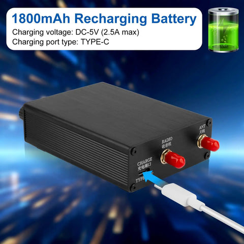 Portable Active Loop Antenna 0.5MHz To 500MHz With 30 Decibel Gain showing 1800mAh battery and Type-C charging port