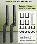 Heavy Duty Fence Post Repair Kit With Steel Post Anchor For Leaning Or Broken Posts No Dig No Hammer Install DIY Friendly Screw Fix Bracket With Screws And Tool 32 Inch 2 Pack shown with complete contents including screws and brackets.