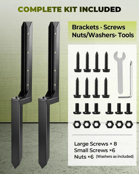 Heavy Duty Fence Post Repair Kit With Steel Post Anchor For Leaning Or Broken Posts No Dig No Hammer Install DIY Friendly Screw Fix Bracket With Screws And Tool 32 Inch 2 Pack shown with complete contents including screws and brackets.