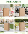 Small Brown Kraft Paper Bags With Handles 100 Pack 5.25 By 3.25 By 8 Inch Bulk Gift Bags for Crafts Shopping Party Favors Bakery Retail Handmade Treats displayed in various settings