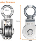 Heavy Duty Stainless Steel Double Cable Pulley Block 2 Pack With Bearings Inside And Swivel Single Wheel For Lifting Systems Load Up To 1100 Lb Great For Garage Or Workshop Rigging And DIY Projects, 304 stainless steel, 25mm ring, 104mm tall