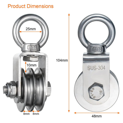 Heavy Duty Stainless Steel Double Cable Pulley Block 2 Pack With Bearings Inside And Swivel Single Wheel For Lifting Systems Load Up To 1100 Lb Great For Garage Or Workshop Rigging And DIY Projects, 304 stainless steel, 25mm ring, 104mm tall