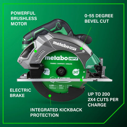 Go To 18V MultiVolt Cordless Circular Saw With 7 1/4 Inch Blade High Torque Lightweight Build Cuts Up To 200 2x4s Per Charge Accepts 18V And 36V Batteries Tool Body Only shown with 0-55 degree bevel cut feature and electric brake.