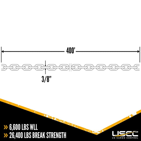 Heavy Duty Grade 70 Transport Chain 3/8 Inch By 400 Foot Per Drum Yellow Carbon Steel Five Drum Pallet 6600 Pound Working Load Limit Trucks And Trailers Built Tough For Real World Hauling Jobs