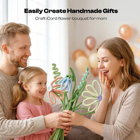 Family crafting with Aluminum Craft Wire and Acrylic Yarn Kit for I Cord Knitting Beginners to create iCord flower bouquet