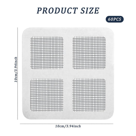 Nukinp Disposable Hair Drain Stickers, 60 Pack 4x4 Fiberglass self-adhesive drain covers showing product dimensions.