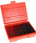 Open red case containing 40 Pack Steel Parallels For Machinists, One Thirty Second Inch Thick By 6 Inch Long, Hardened Precision Parallels, 20 Pairs
