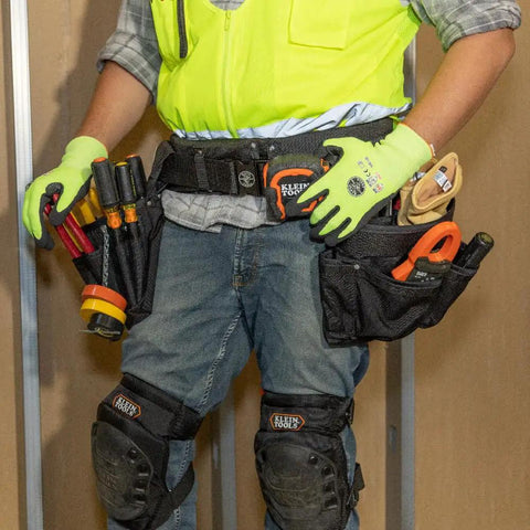 Worker wearing Pro Grade Electrician Tool Belt and Pouch Set With Padded Belt For The Job Site, Medium Size, tools visible