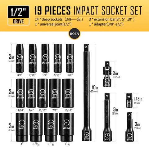 Half Inch Drive Deep Impact Socket Set 19-Piece Workhorse Cr-V Steel, SAE Range From Three Eighths To One And One Quarter Inch, With Extensions, Joint And Adapter, ANSI Certified For Tough Auto Shop Jobs displayed with dimensions and components.
