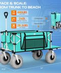 Front view of 260L Beach Wagon With Extended Tailgate Heavy Duty Beach Cart 440Lbs Capacity 9 Inch Balloon Wheels For Sand Collapsible and expanded