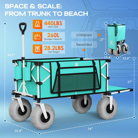 Front view of 260L Beach Wagon With Extended Tailgate Heavy Duty Beach Cart 440Lbs Capacity 9 Inch Balloon Wheels For Sand Collapsible and expanded