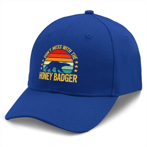 Vintage Style Women's Breathable Cap With Adjustable Buckle Strap Dope Front Artwork Hat In Classic Blue with Honey Badger design