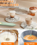 Rechargeable Milk Frother Wand With Stand USB C Handheld Mixer 2 Whisk Heads 3 Speeds Breezy Foam Easy Clean Perfect For Lattes Cappuccinos Matcha Hot Chocolate And Whisking Eggs displayed with examples of foamed milk and whisked eggs.
