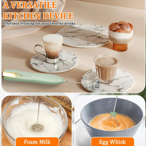 Rechargeable Milk Frother Wand With Stand USB C Handheld Mixer 2 Whisk Heads 3 Speeds Breezy Foam Easy Clean Perfect For Lattes Cappuccinos Matcha Hot Chocolate And Whisking Eggs displayed with examples of foamed milk and whisked eggs.