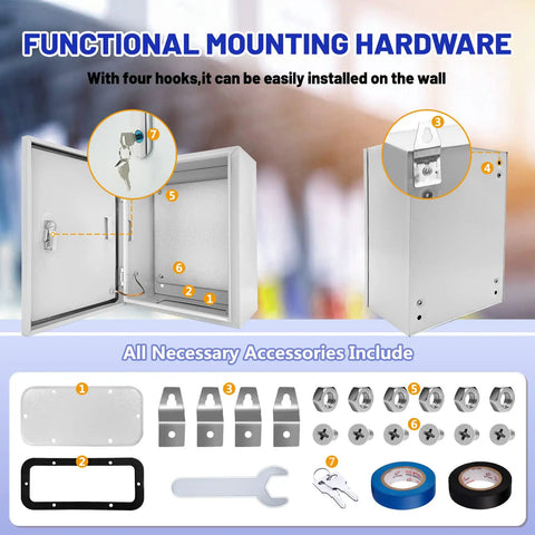 Outdoor Electrical Box Built Tough 12 By 10 By 6 Inch NEMA 4X Steel Enclosure Waterproof Dustproof Lockable Junction Box With Mounting Plate shown with accessories and mounting options