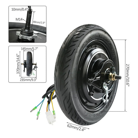 14 Inch 36 Volt 500 Watt Brushless Hub Motor Wheel With Integrated Drum Brake For Electric Scooter And Electric Bike Conversion, with wires and dimensions