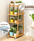 Wooden plant stand on silent 2 inch rubber caster wheels with brakes, displaying potted plants, ideal for furniture and equipment mobility.