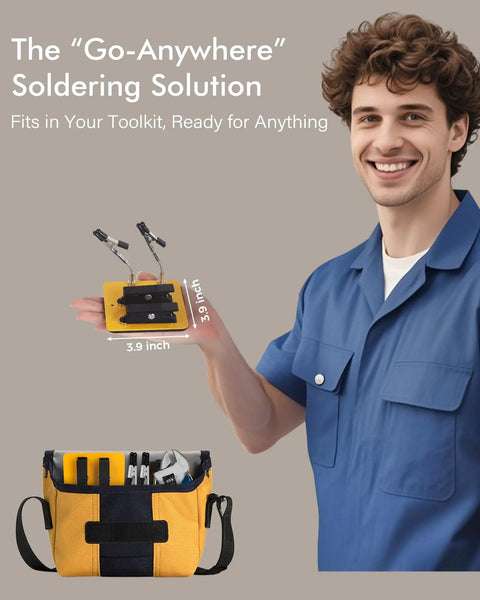 Person holding a Third Hand Soldering Clamp Stand With Adjustable Arms, Ideal For PCB Work, Wires, Small Electronics, Jewelry, And DIY Craft Projects, Handy Solder Aid Station In Yellow Black Small Size, with a yellow tool bag in the foreground.
