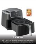 Game Changer 5 Quart Air Fryer With 5In1 Cook Functions For Insanely Crispy Results At 1750 Watts Leveraging Air Crisp Superheated Tech To Roast Bake Reheat Or Dehydrate Slick Grey Design with nonstick basket and recipe guide.