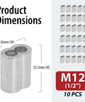 Aluminum Cable Crimp Sleeves with Double Barrel Ferrules M12 Crimping Loops for Wire Rope Ends 10 Pack with dimensions 36mm x 35.5mm.