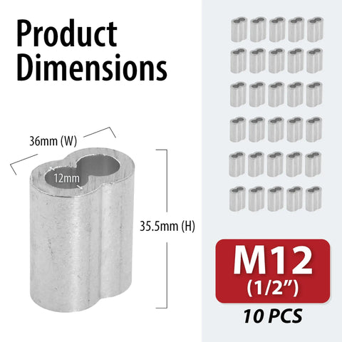 Aluminum Cable Crimp Sleeves with Double Barrel Ferrules M12 Crimping Loops for Wire Rope Ends 10 Pack with dimensions 36mm x 35.5mm.