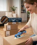 Strebilo Cordless Electric Scissors And Box Cutter For Cardboard used to cut a box with ease, showcasing its sharp blade and LED light.