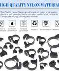 Heavy Duty Nylon Hose Clamp Set With Double Gripping Design 48Pcs displayed on a blue background with feature icons