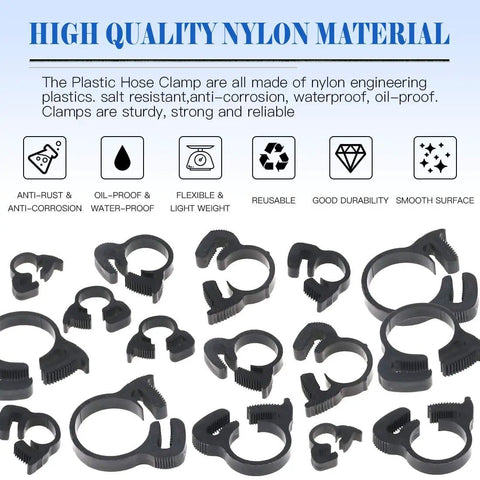 Heavy Duty Nylon Hose Clamp Set With Double Gripping Design 48Pcs displayed on a blue background with feature icons