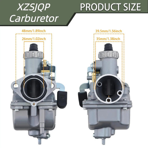 Bolt-On Carburetor Upgrade Kit For Predator 212cc And Honda Clone Engines Including 26mm Carbs, 38mm Air Filter, dimensions shown