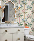Kickass Midcentury Modern Vinyl Wallpaper With Sleek Leather Texture And Heavy Duty Commercial Grade Durability Custom Printed Just For You To Level Up Any Interior Space Today in a stylish bathroom with palm trees.