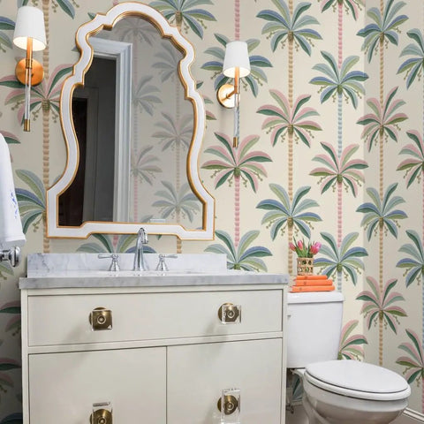 Kickass Midcentury Modern Vinyl Wallpaper With Sleek Leather Texture And Heavy Duty Commercial Grade Durability Custom Printed Just For You To Level Up Any Interior Space Today in a stylish bathroom with palm trees.