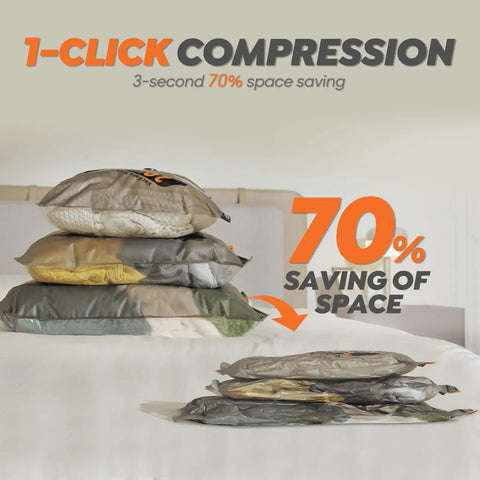 Cordless Vacuum Storage Bags 20 Pack With Rechargeable Wireless Pump Portable Space Saver showing 70% space saving on bed
